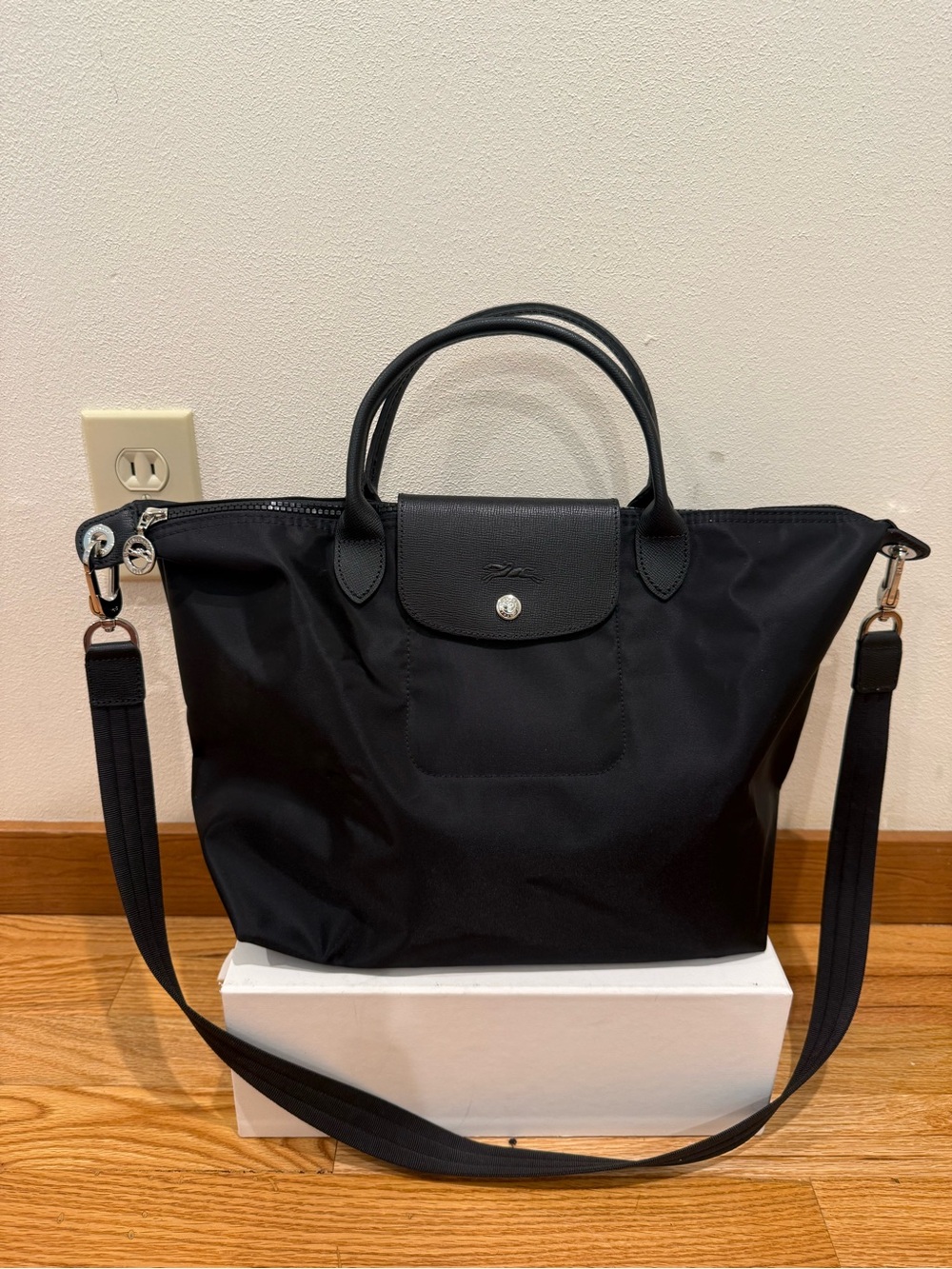 Longchamp Black Nylon Le Pliage Tote with Removable Strap